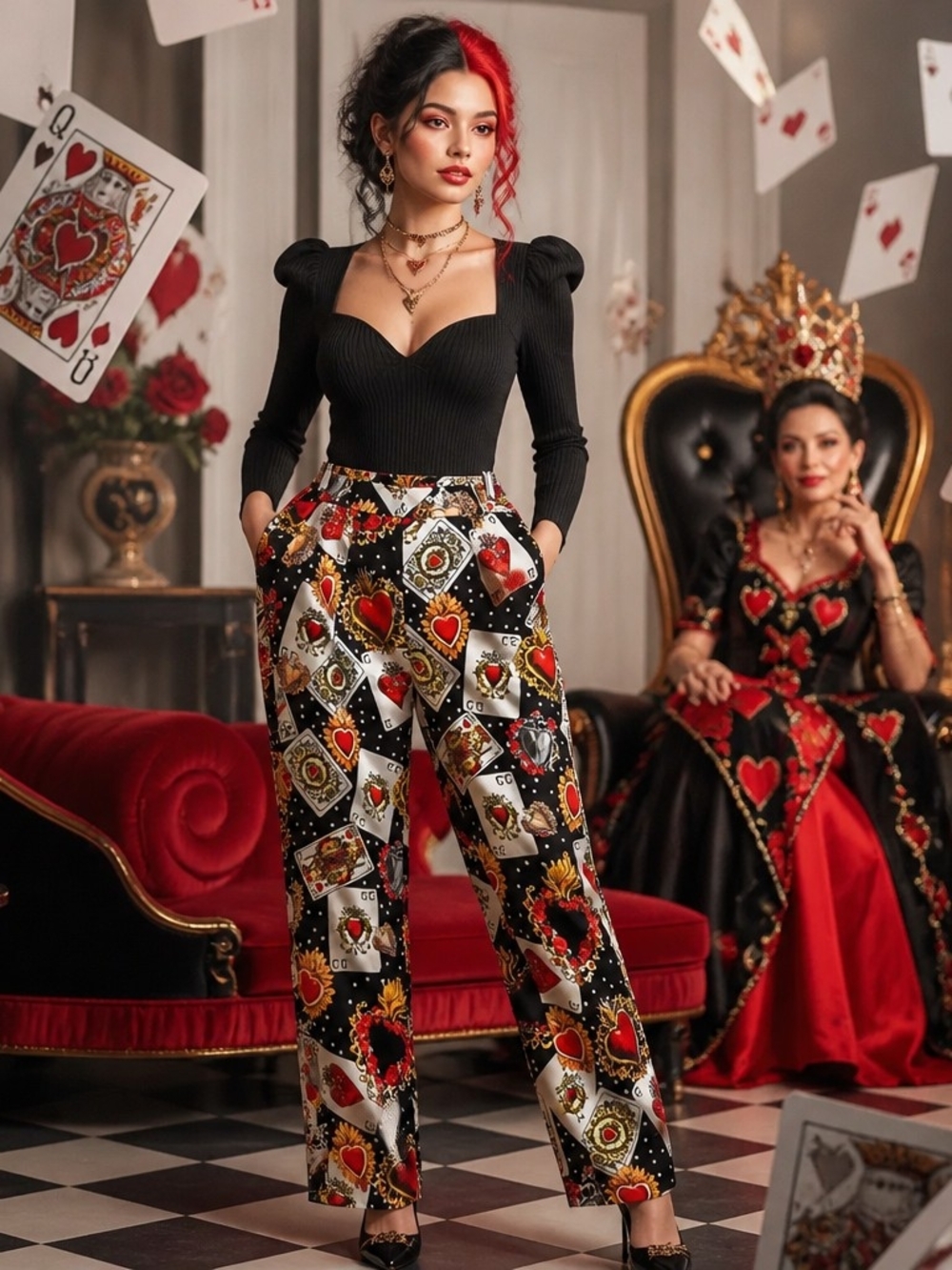 Source Unknown Black Wide-Leg Pants with Red & Gold Card Print